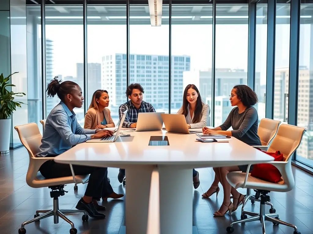 An image of a diverse group of professionals collaborating in a modern co-working space, representing the power of teamwork and networking in business.