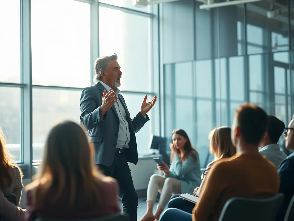 An image of a business coach giving a motivational speech at a business conference, inspiring and empowering the audience to achieve their goals.