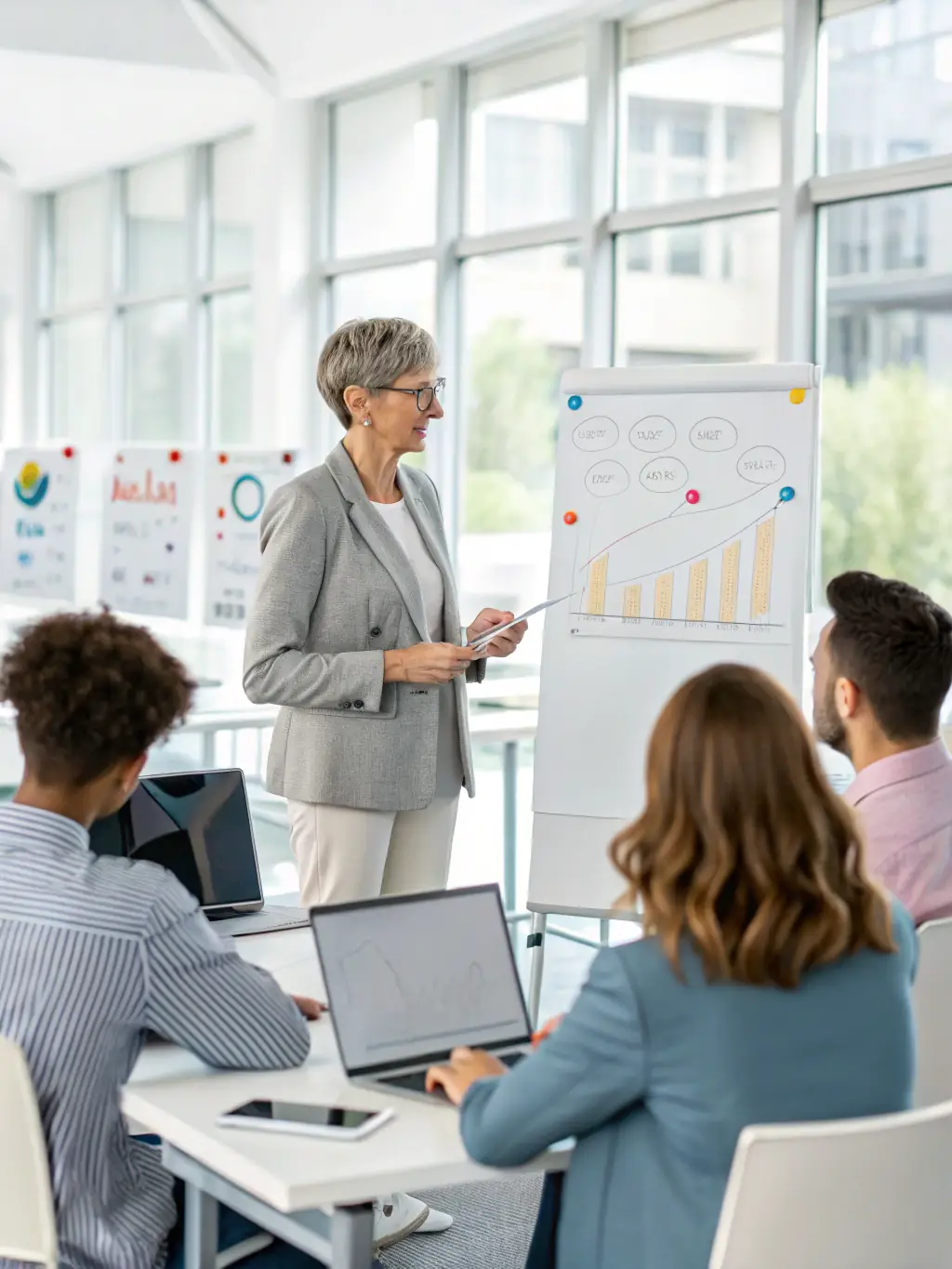 A professional business coach in a suit, confidently leading a workshop with diverse UK-based professionals, emphasizing strategic planning and growth.