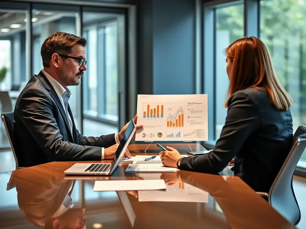 An image of a coach and a client in a modern office setting, discussing business strategies and growth plans, symbolizing a personalized coaching session.